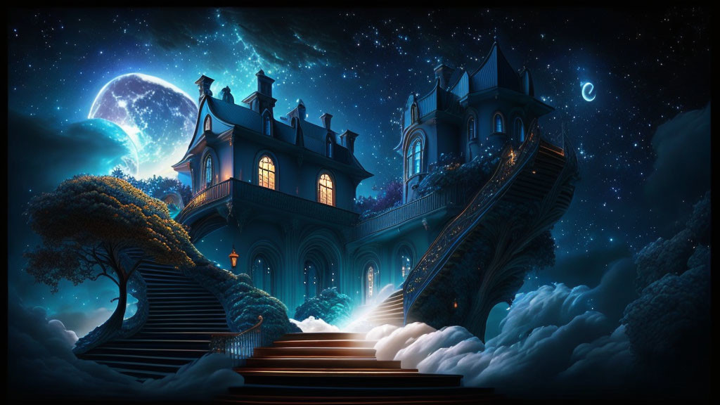 Majestic mansion on clouds under starry night sky