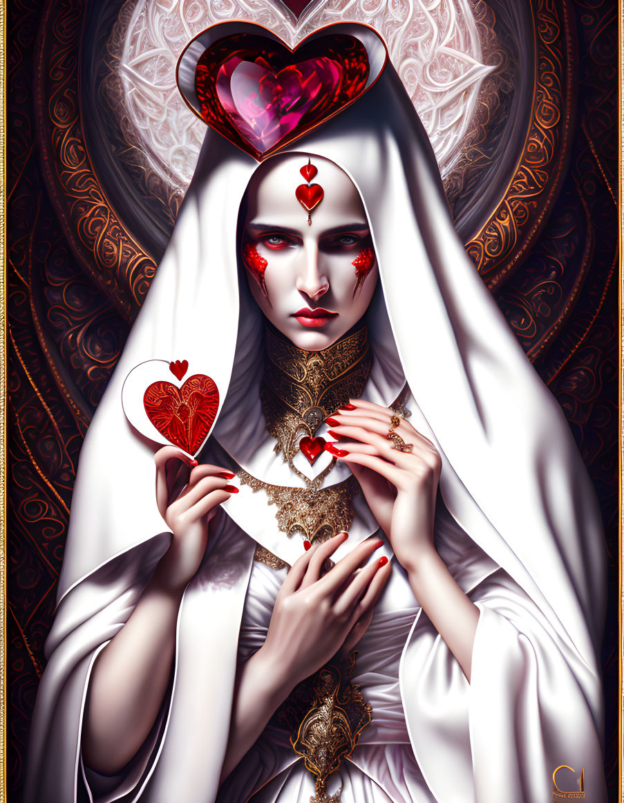 Pale figure with red makeup holding heart-shaped card and halo.