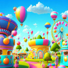 Fantasy amusement park with colorful structures and Ferris wheel