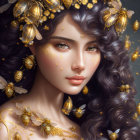 Fantasy portrait of woman with golden bee-themed jewelry and luminescent bees in starry setting