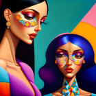 Colorful Stylized Female Figures with Elaborate Makeup on Geometric Background