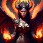 Majestic female figure with horns and wings in golden armor surrounded by flames