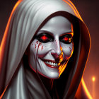 Digital portrait of a spectral figure with skull-like face and glowing red eyes.