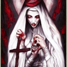 Pale figure with red makeup holding heart-shaped card and halo.