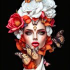 Surreal digital artwork of woman with vibrant flowers and butterflies