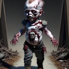 Young child in zombie costume in spooky alleyway