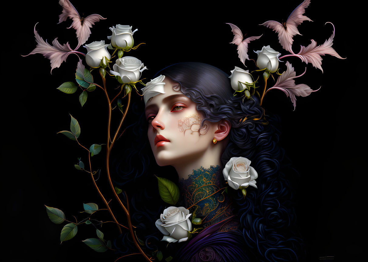 Surreal portrait of a woman with pale roses, hummingbirds, dark hair, tattoos, and