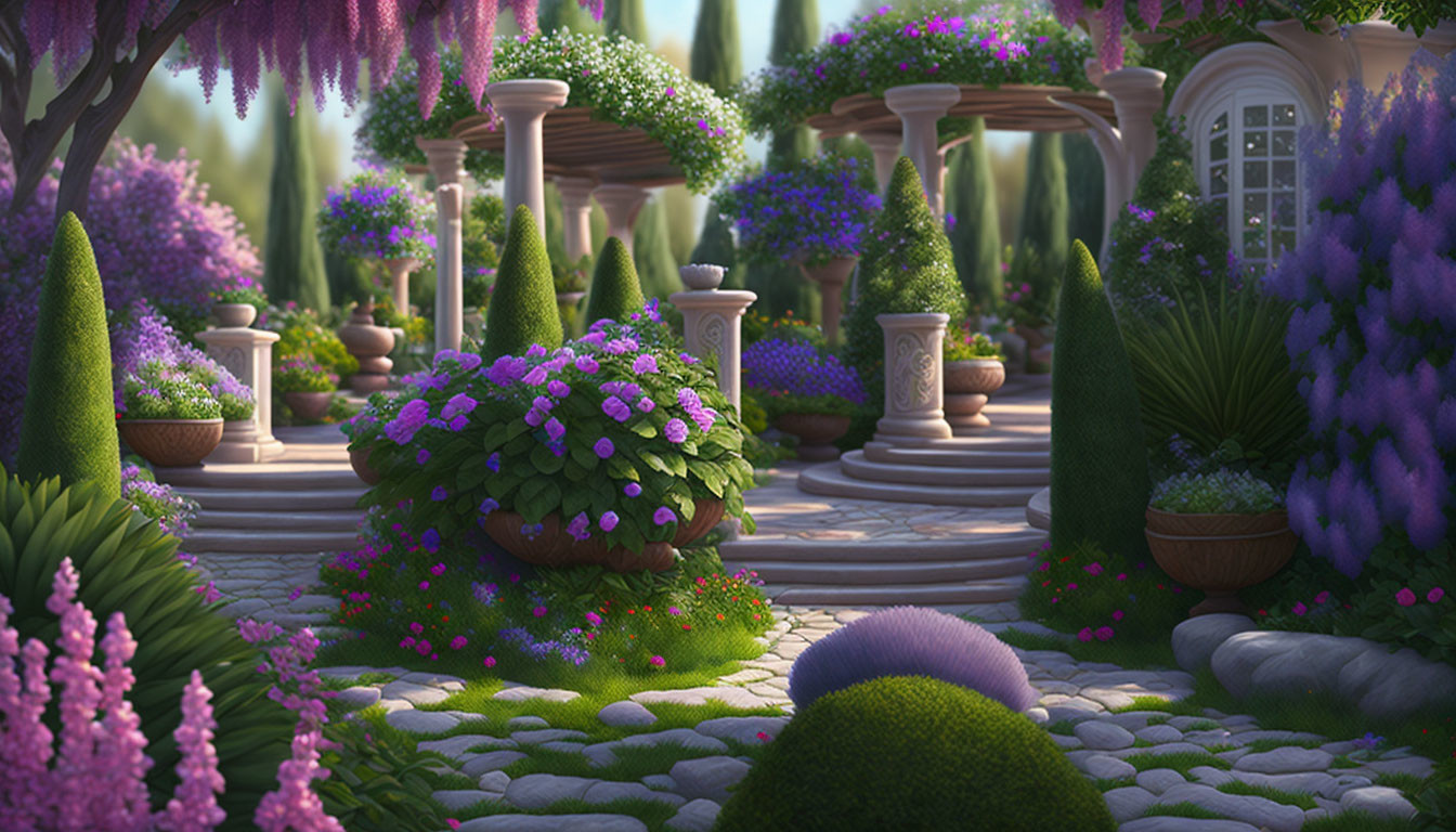 Enchanting garden with purple flowers, greenery, stone paths, and classical pillars