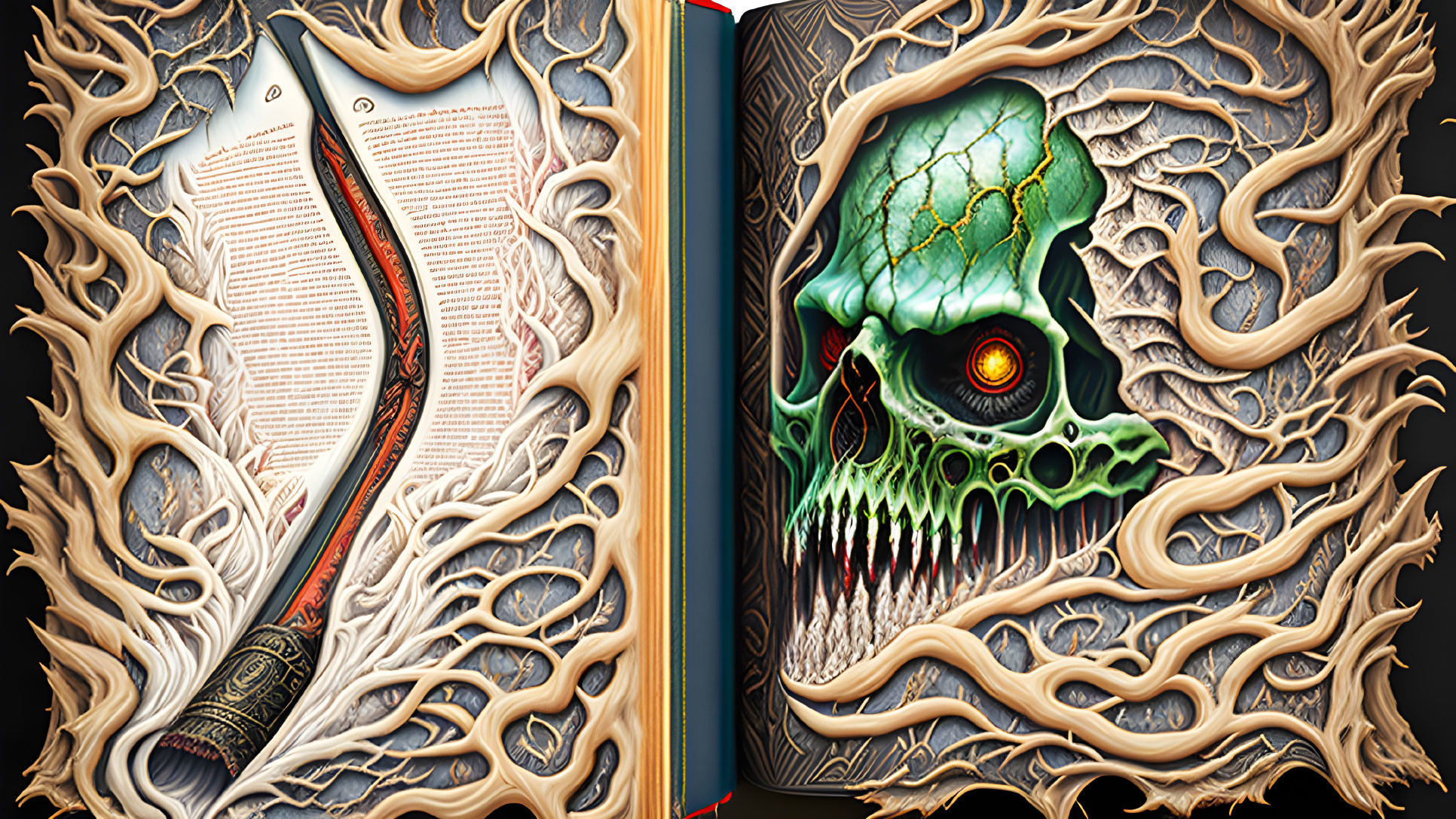 Fantasy-themed book illustration with pages transforming into green skull surrounded by ornate patterns