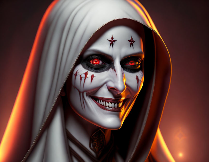 Digital portrait of a spectral figure with skull-like face and glowing red eyes.