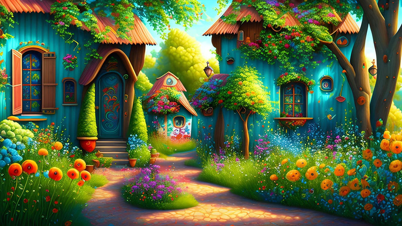 Enchanting fairytale village with whimsical houses and lush floral paths