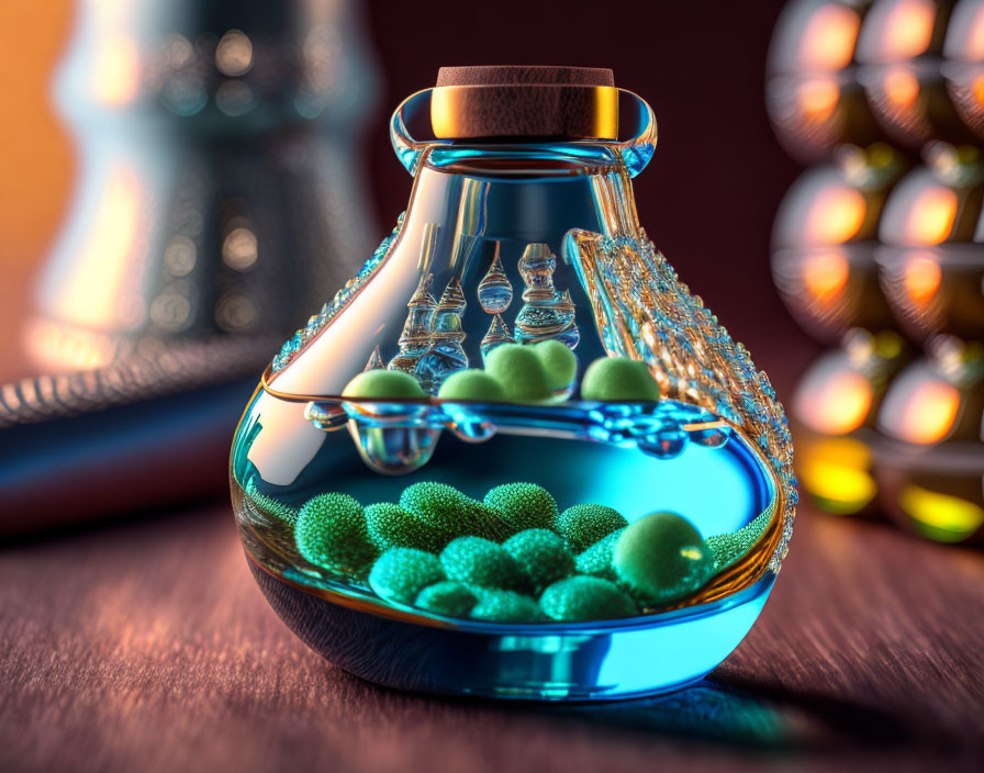 Glass flask with cork holds blue liquid & green spheres on warm blurred background.