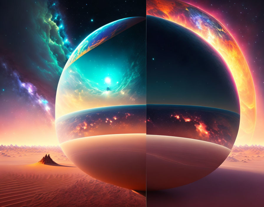 Surreal art: Planet halves, cosmic backdrop, vibrant colors, desert landscape