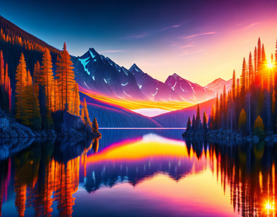 Scenic mountain lake sunset with vibrant colors