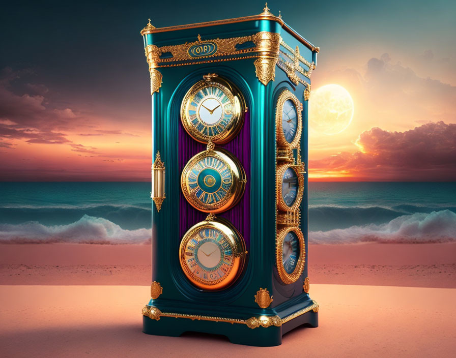 Ornate clock with multiple dials against sunset sea backdrop