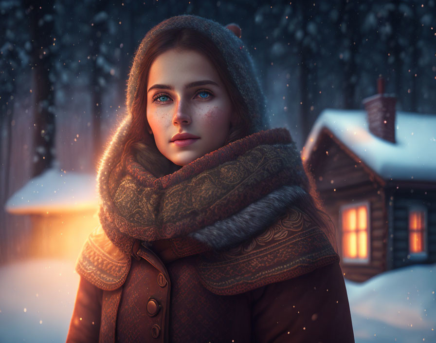 Blue-eyed woman in winter scene with cozy cabin and snowfall