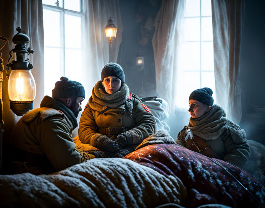 Cozy winter scene with three people in warm clothing