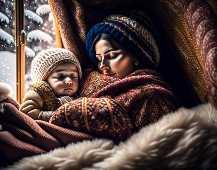 Mother cradling sleeping child in warm hat by frosty window