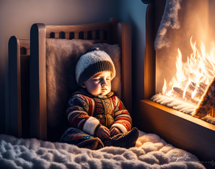 Toddler in Knit Hat and Sweater in Wooden Crib with Illustrated Fire