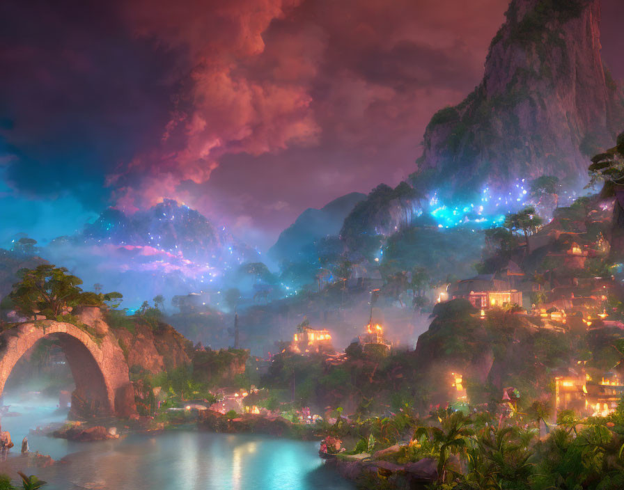 Fantasy landscape at dusk: Glowing village, misty mountains, stone bridge, tranquil river,