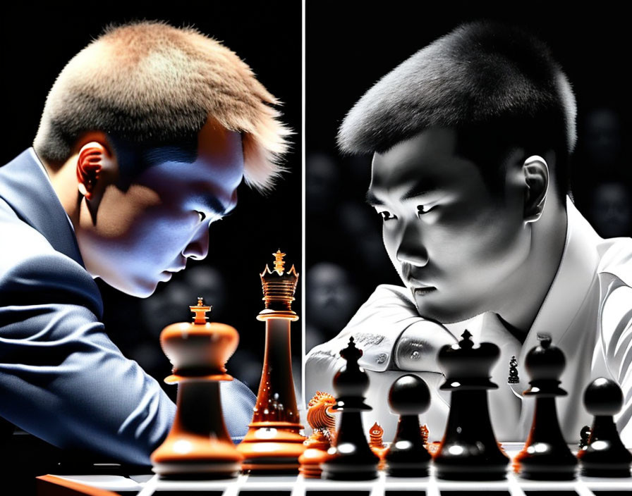 Chess game between two men: one side color, one side grayscale