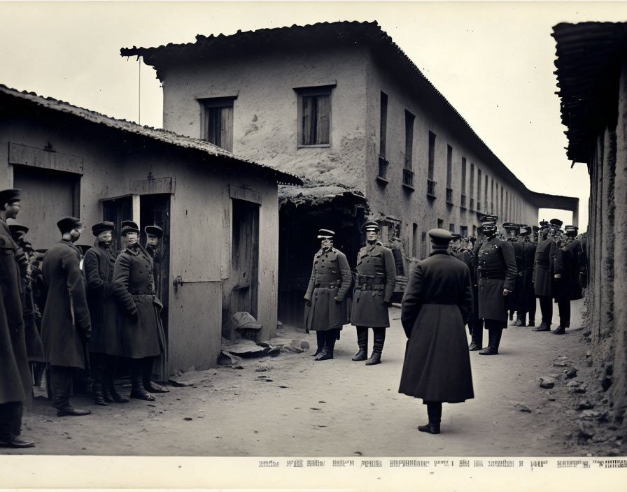 Vintage Sepia-Tone Photo: Soldiers in Uniform on Old-Fashioned Street