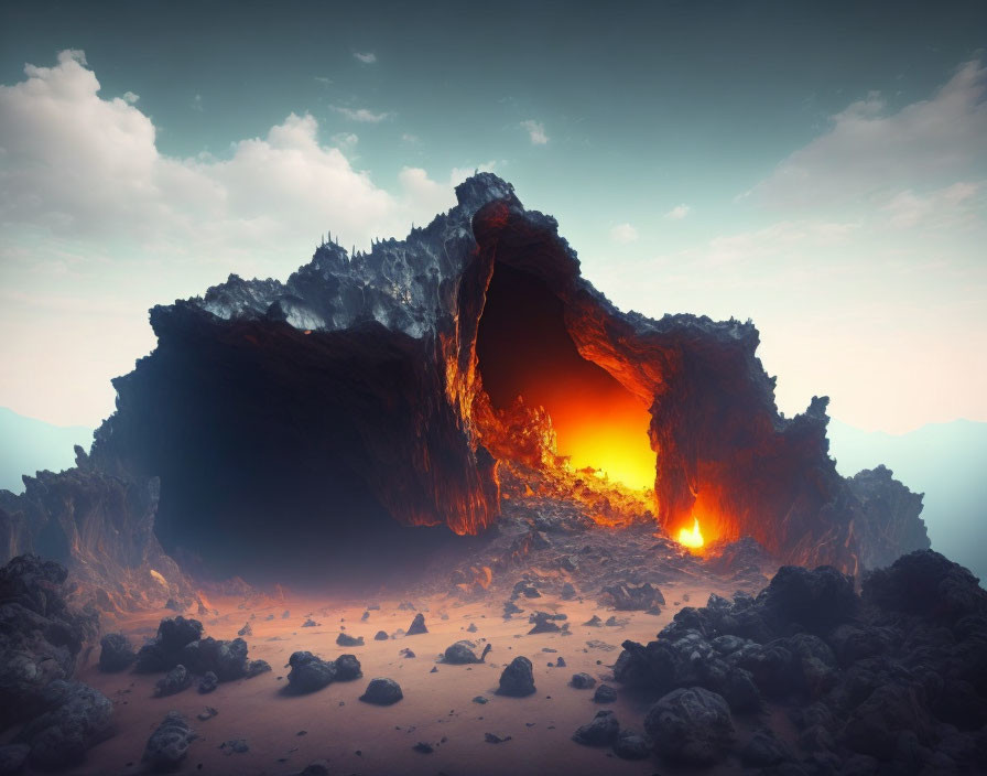 Glowing lava cave in dramatic landscape with rock formations