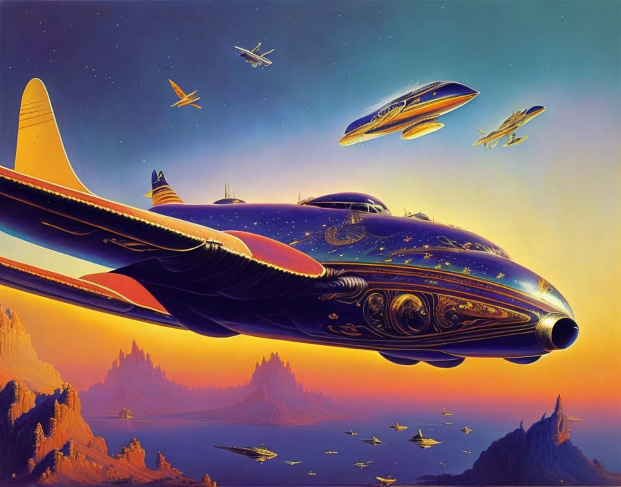 Vibrant retro-futuristic scene: sleek flying ships over alien landscape