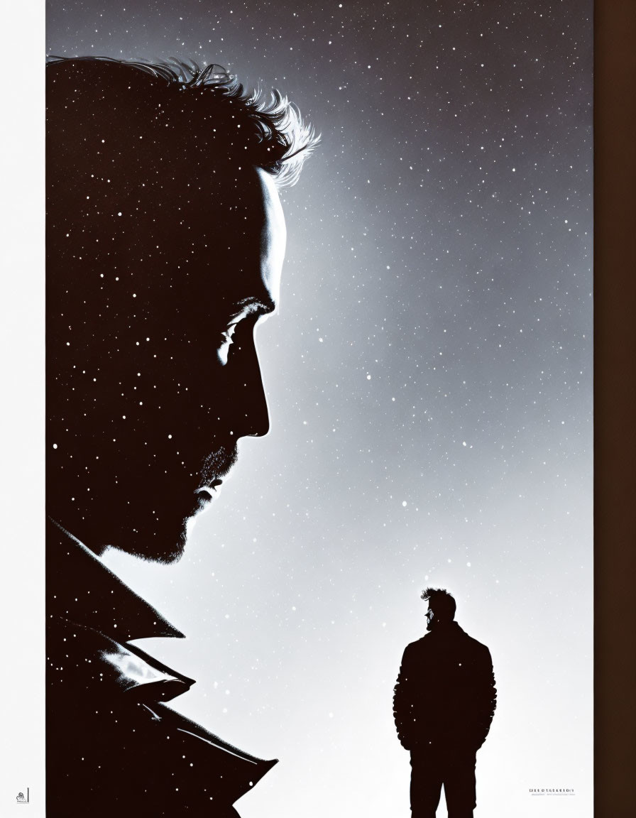 Man's silhouette against starry sky with smaller figure in foreground.