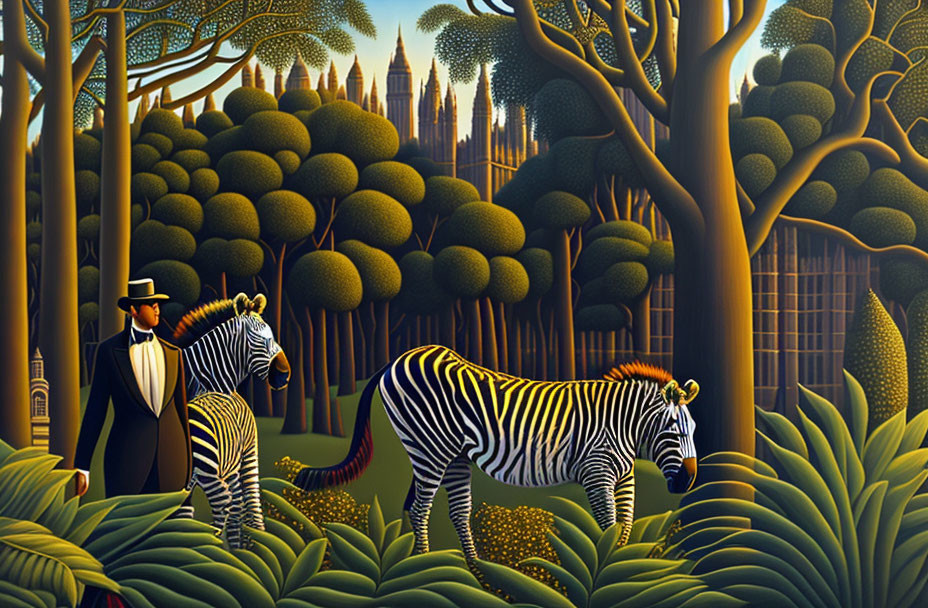 Surreal painting of a man in a suit with a top hat leading a zebra