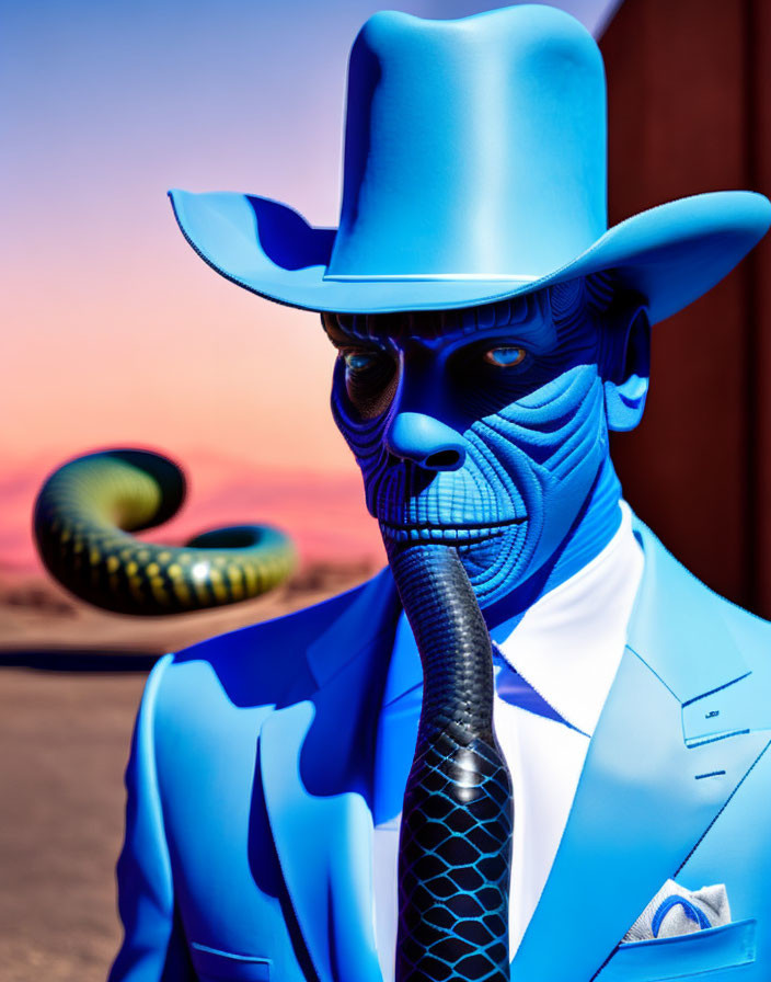 Blue-Skinned Skeleton Figure in Cowboy Attire with Snake on Sunset Background