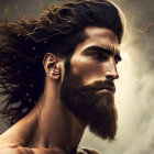 Man with long beard and flowing hair gazing sideways in stormy landscape