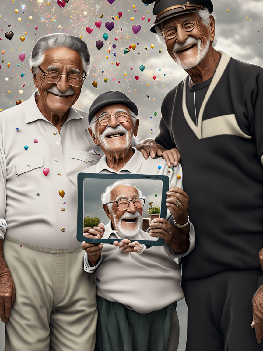 Elderly Men Smiling with Tablet and Hearts