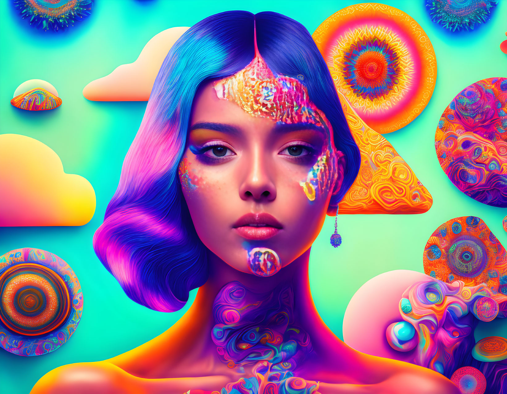 Vibrant surreal portrait of a woman with blue hair and psychedelic patterns