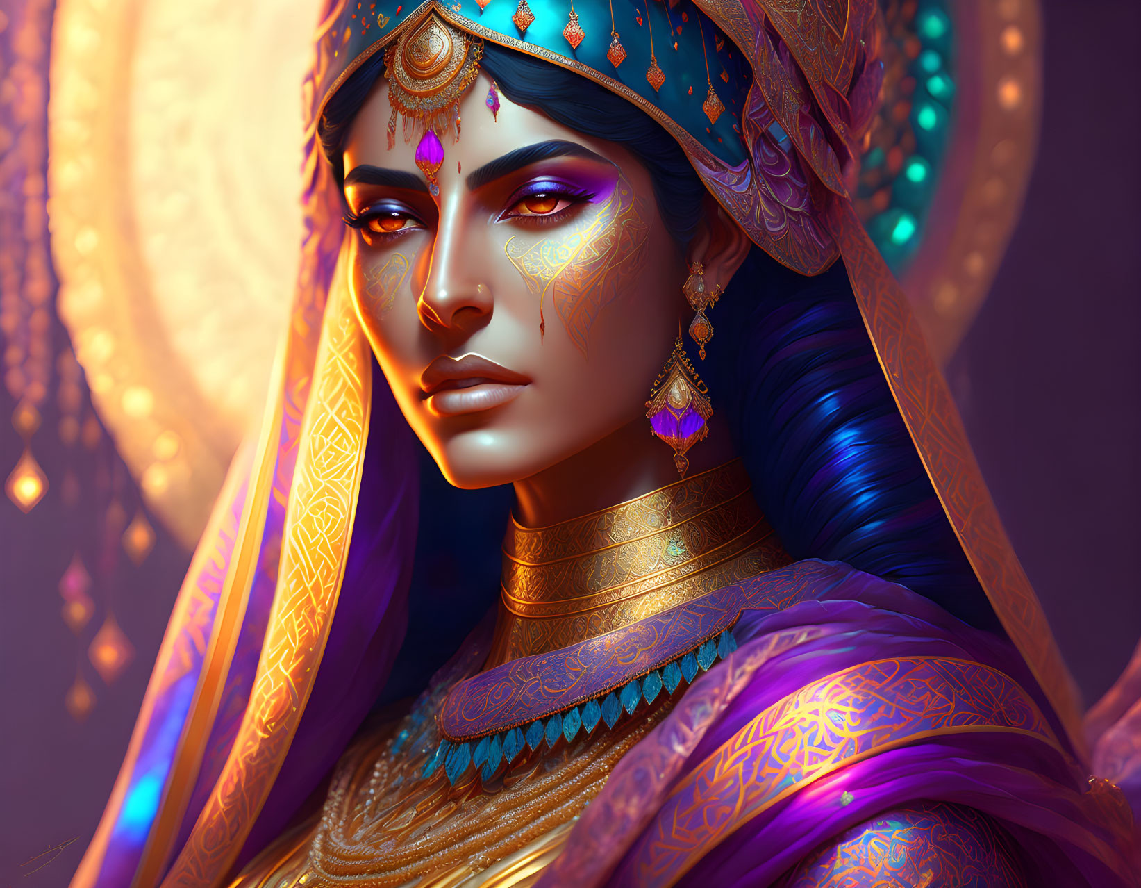 Digital artwork of regal woman in blue and purple traditional attire