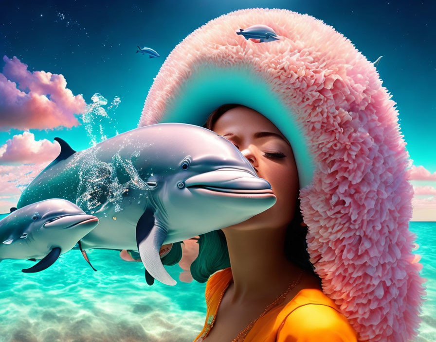 Woman in Large Pink Hat Interacting with Dolphins in Surreal Ocean Scene