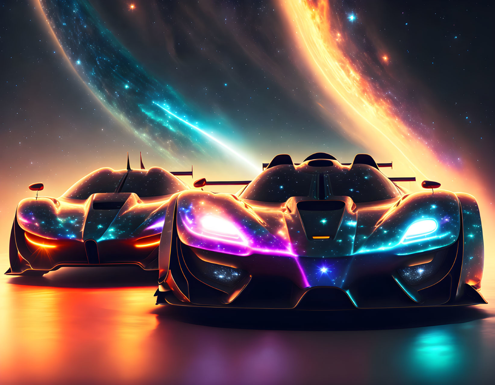 Futuristic racing cars with neon accents under starry galaxy sky