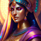 Digital artwork of regal woman in blue and purple traditional attire