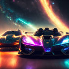 Futuristic racing cars with neon accents under starry galaxy sky