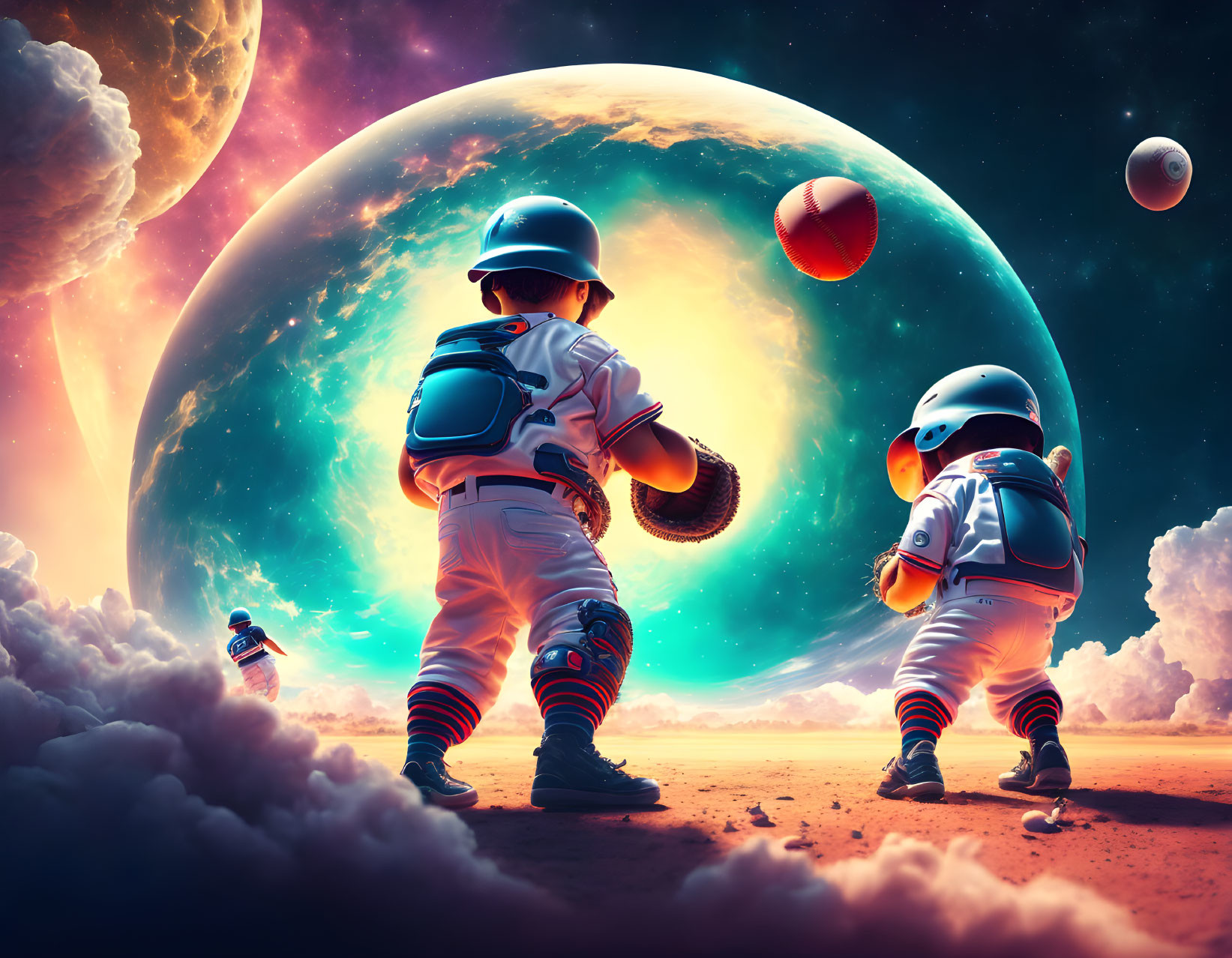 Astronauts playing baseball on surreal cosmic landscape