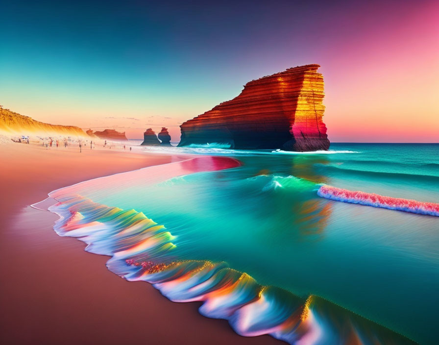 Scenic Beach Sunset with Turquoise Waves and Pink Sand