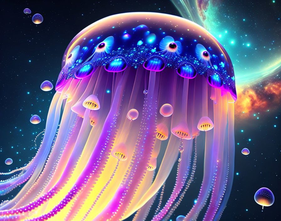 Colorful Cosmic Jellyfish Artwork in Starry Space