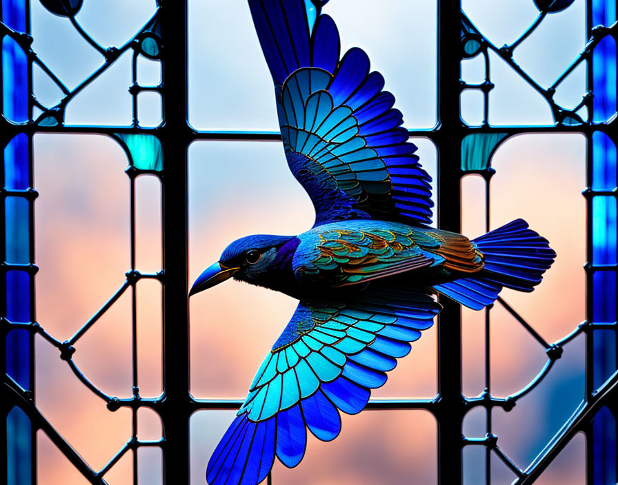 Blue bird in flight against stained glass window with intricate patterns