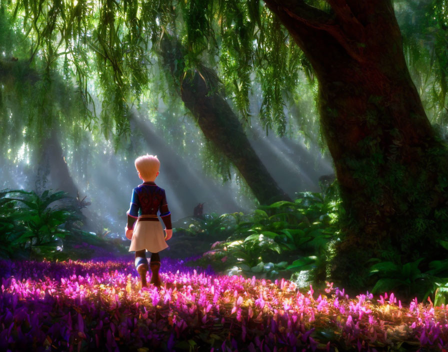 Child in Sunlit Mystical Forest with Purple Flowers and Towering Trees