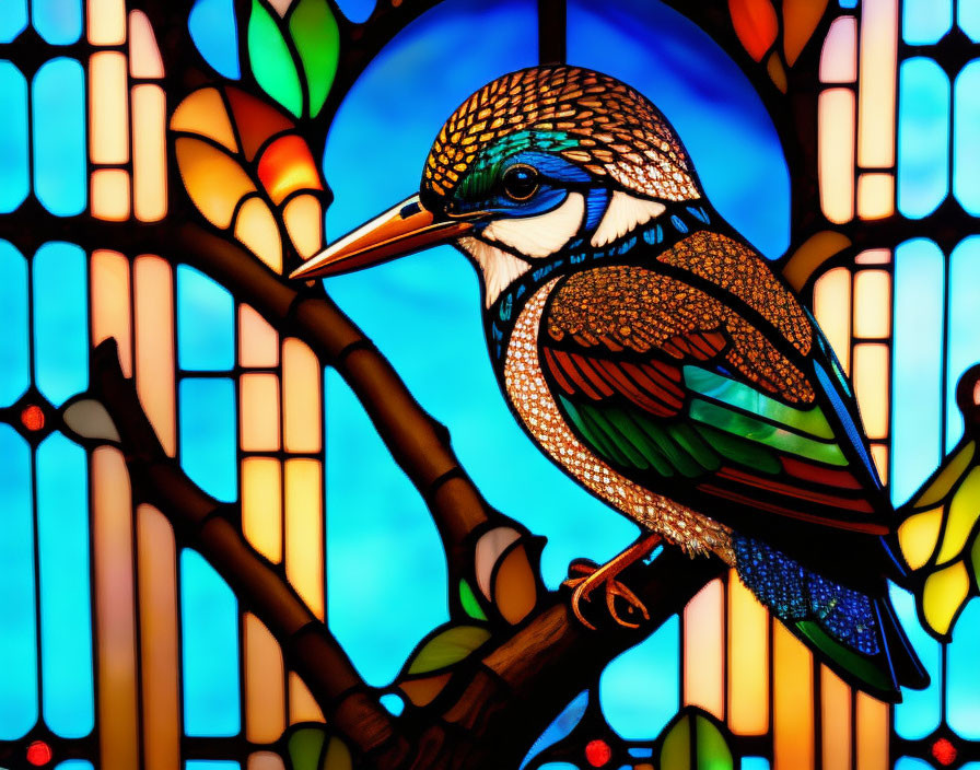 Colorful Stained Glass Image of Bird on Branch with Floral Patterns