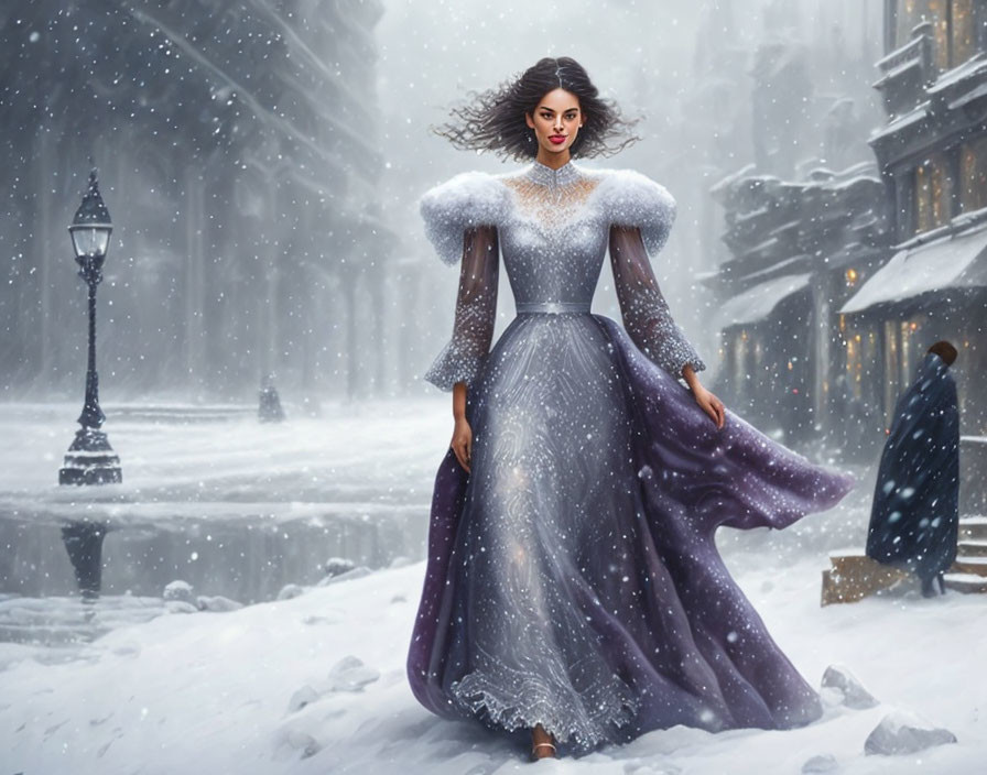 Glamorous woman in purple dress on snowy street with vintage lampposts