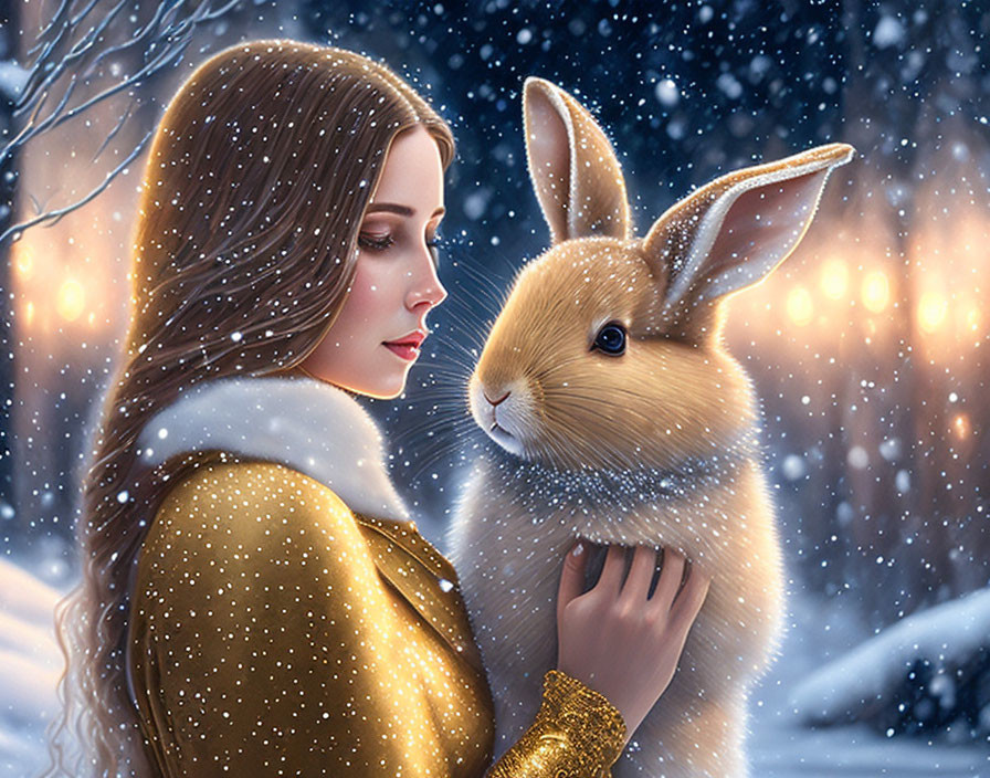 Woman in Golden Dress with Large Rabbit in Snowy Scene