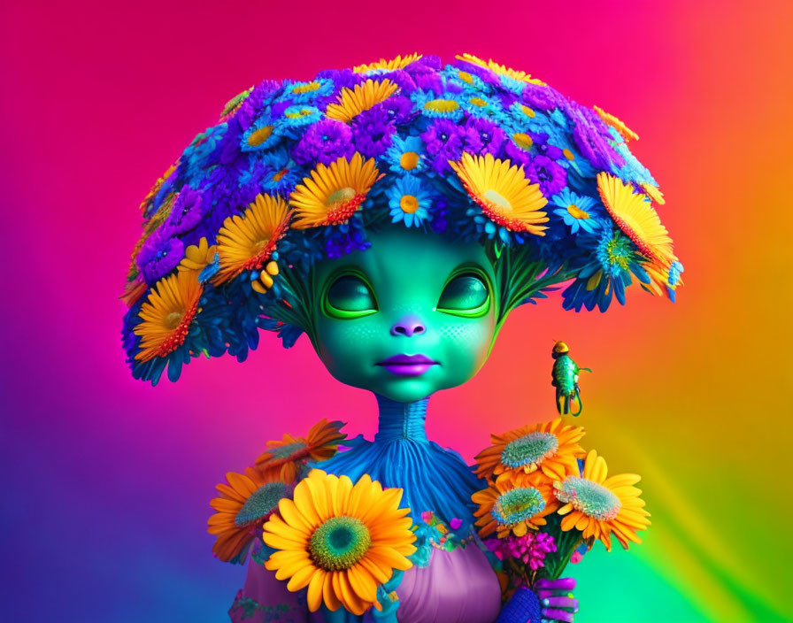 Colorful Stylized Character with Green Skin and Flower Hat on Multicolored Background