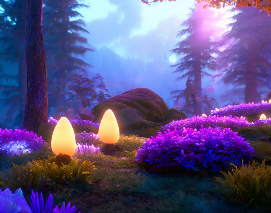 Twilight forest glade with glowing plants and purple flora