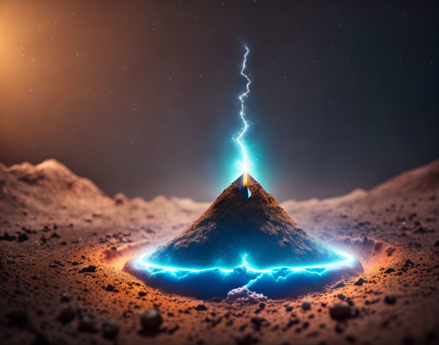 Vibrant lightning bolt strikes summit of illuminated volcano